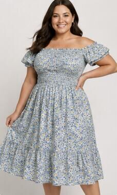 SHEIN Curve Womens 1XL Blue Floral Off Shoulder Smocked Midi Dress NWT